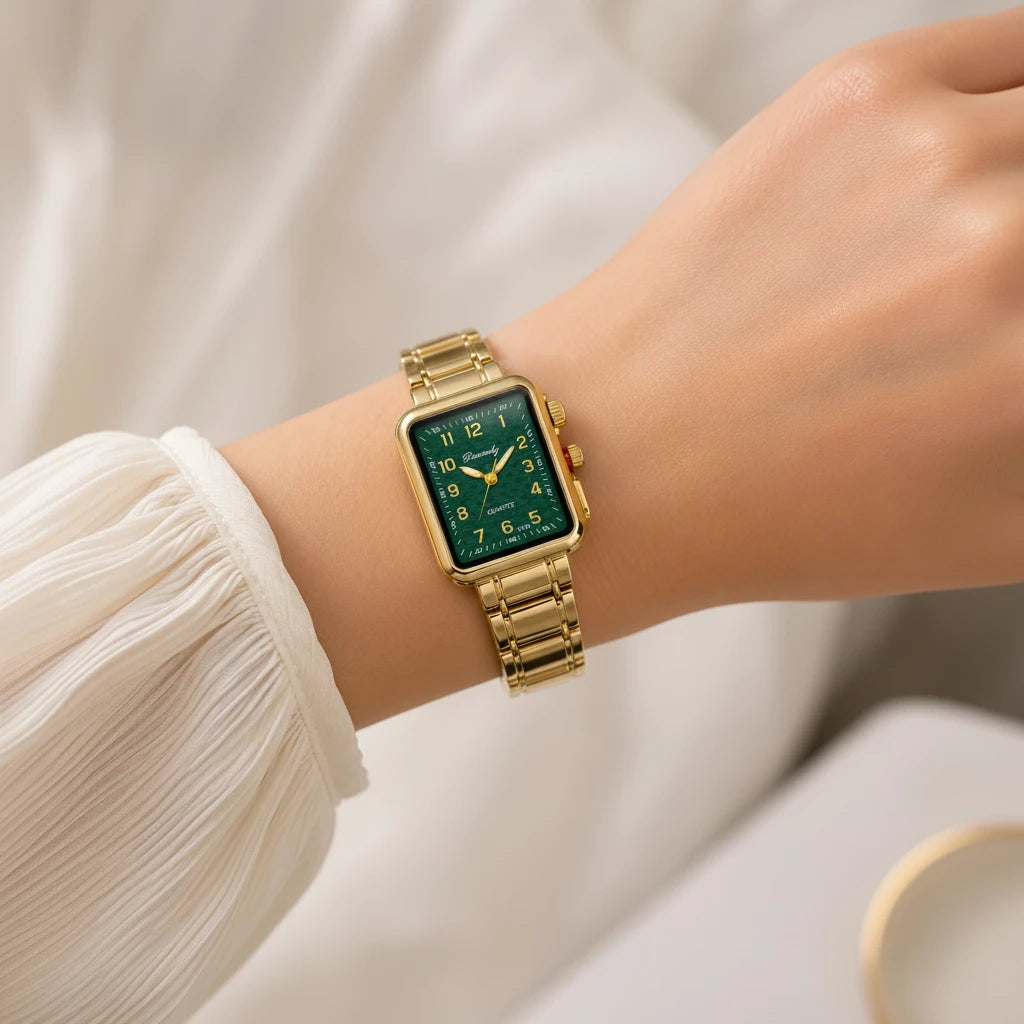 Gold Green Dial Square Watch
