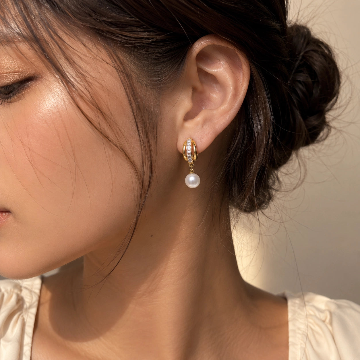 Baguette Hoop Pearl Drop Earrings