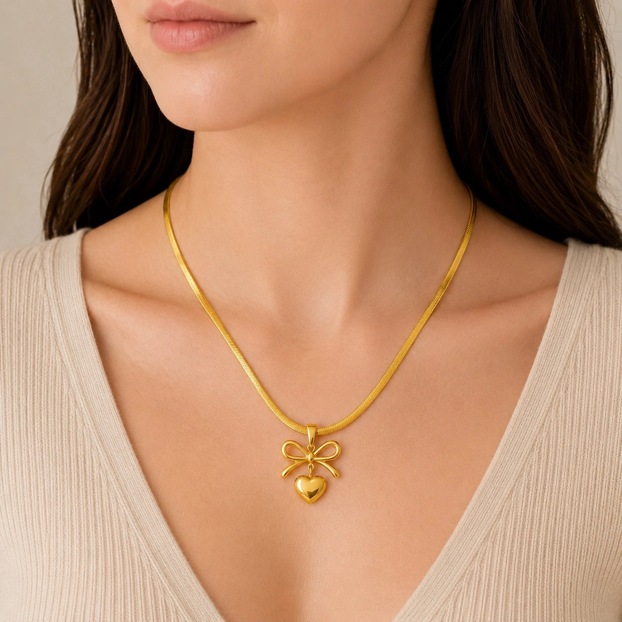 Bow and Heart Charm Pendant Necklace