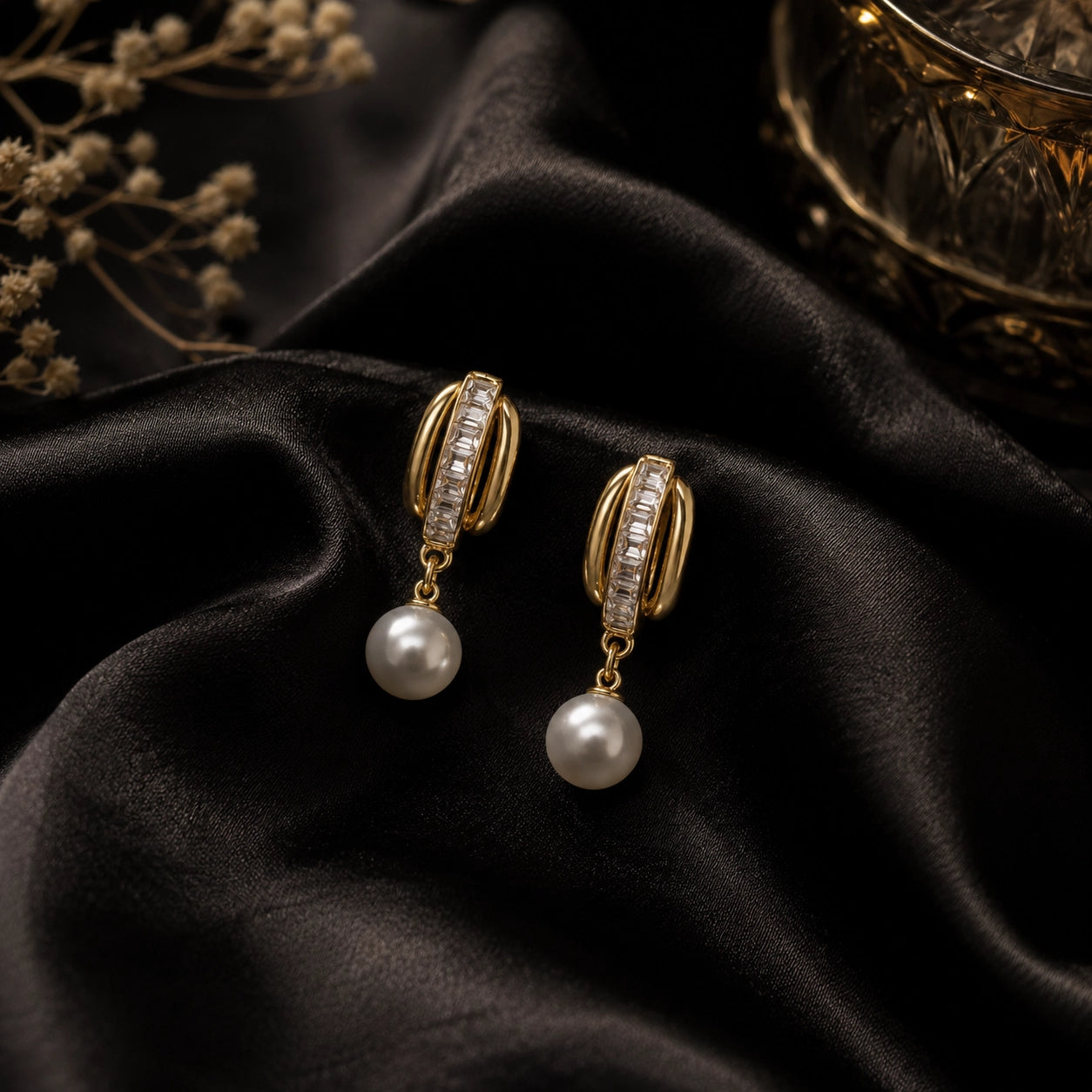 Baguette Hoop Pearl Drop Earrings