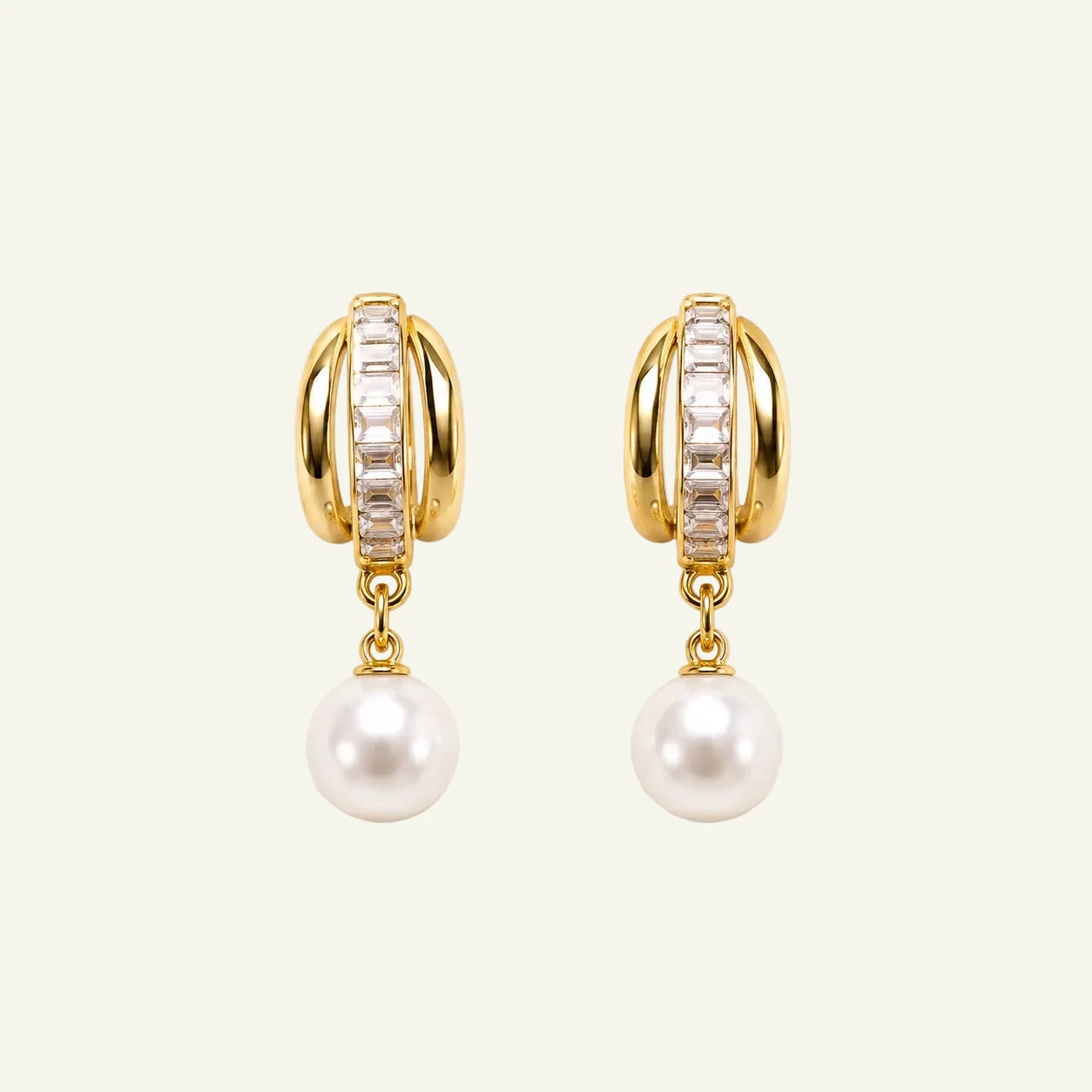 Baguette Hoop Pearl Drop Earrings