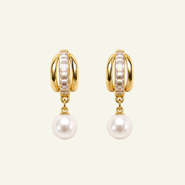 Baguette Hoop Pearl Drop Earrings
