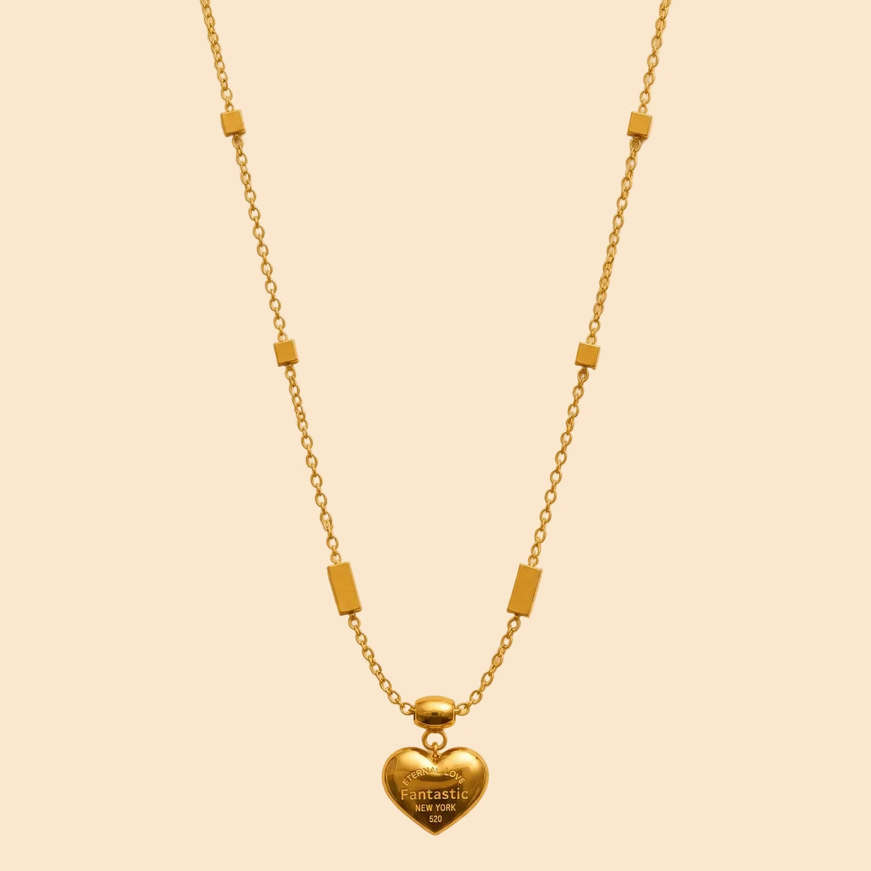 Gold puffy Eternal Love engraved heart pendant necklace on cube bar satellite chain