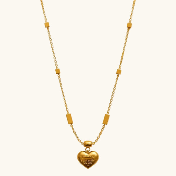 Gold puffy Eternal Love engraved heart pendant necklace on cube bar satellite chain