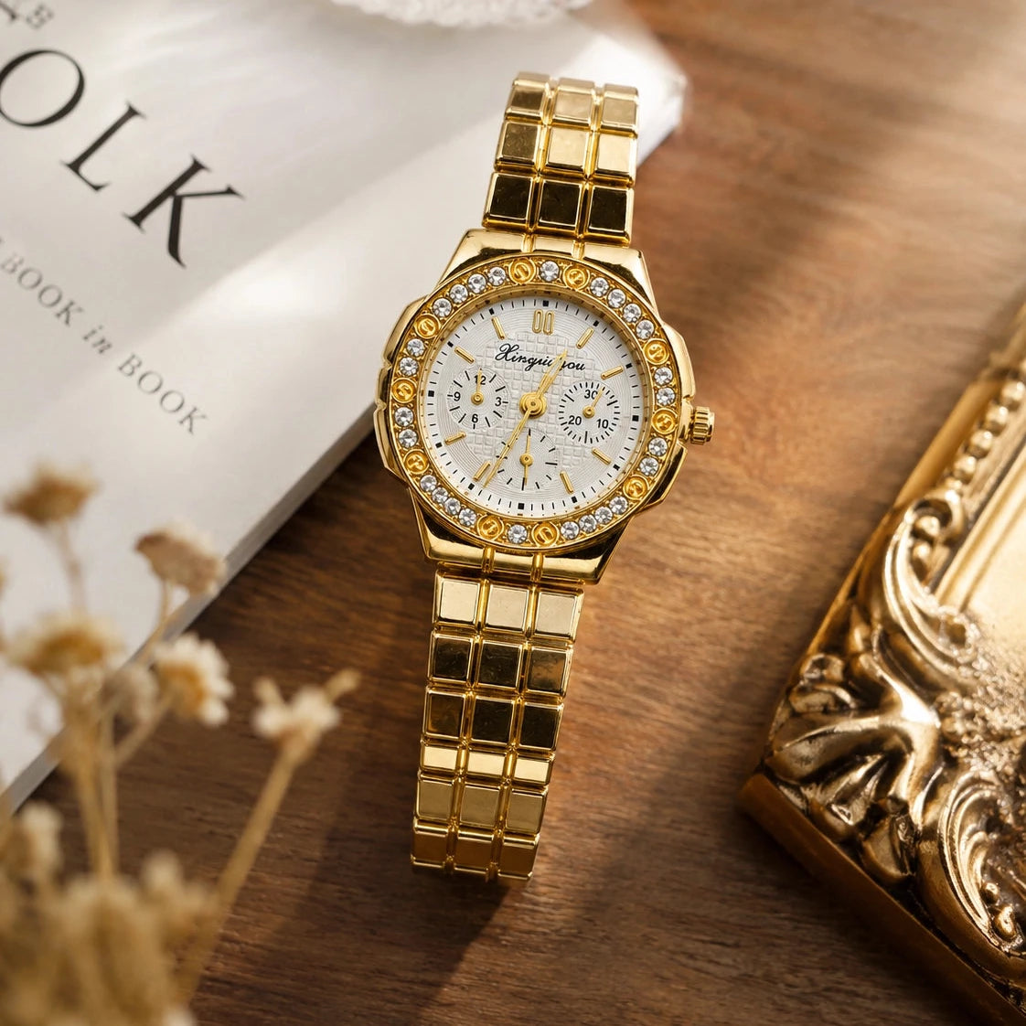 Gold Crystal Bezel Watch