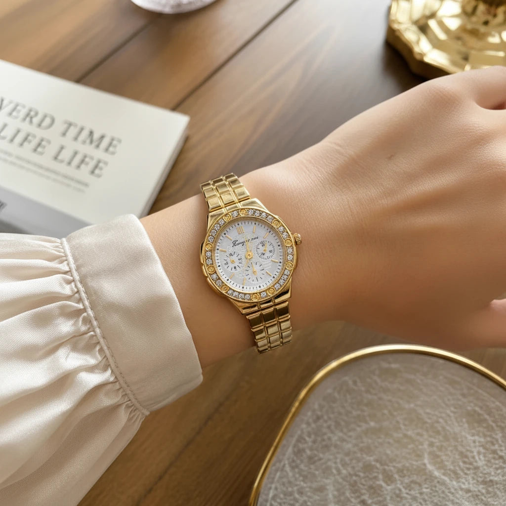 Gold Crystal Bezel Watch