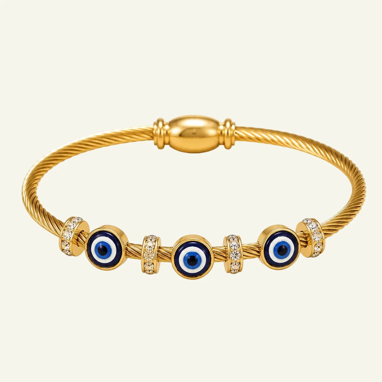 Gold twisted cable bangle bracelet with three blue evil eye charms and CZ rondelle spacers