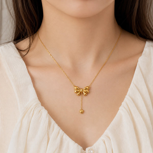 Bow Heart Drop Necklace