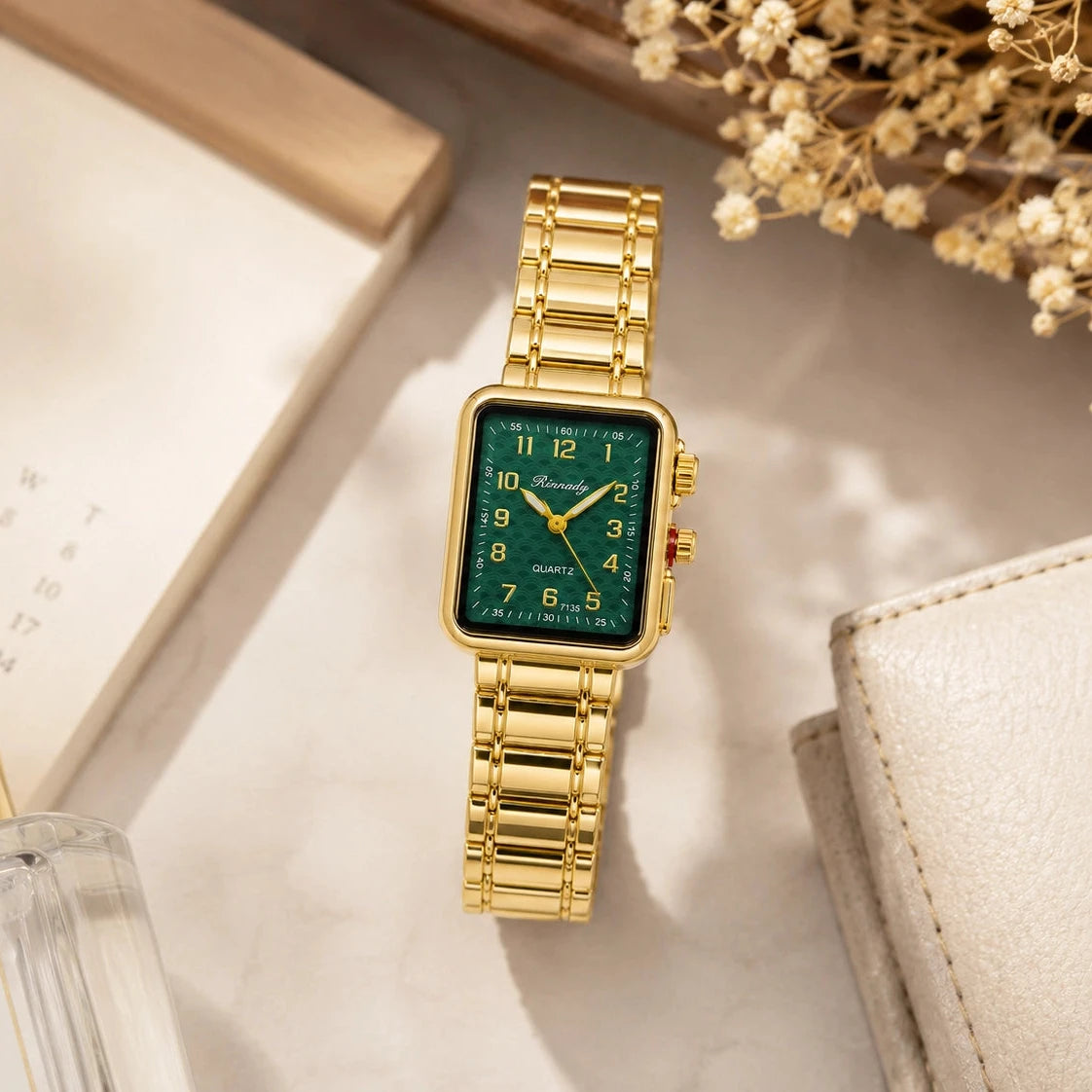 Gold Green Dial Square Watch